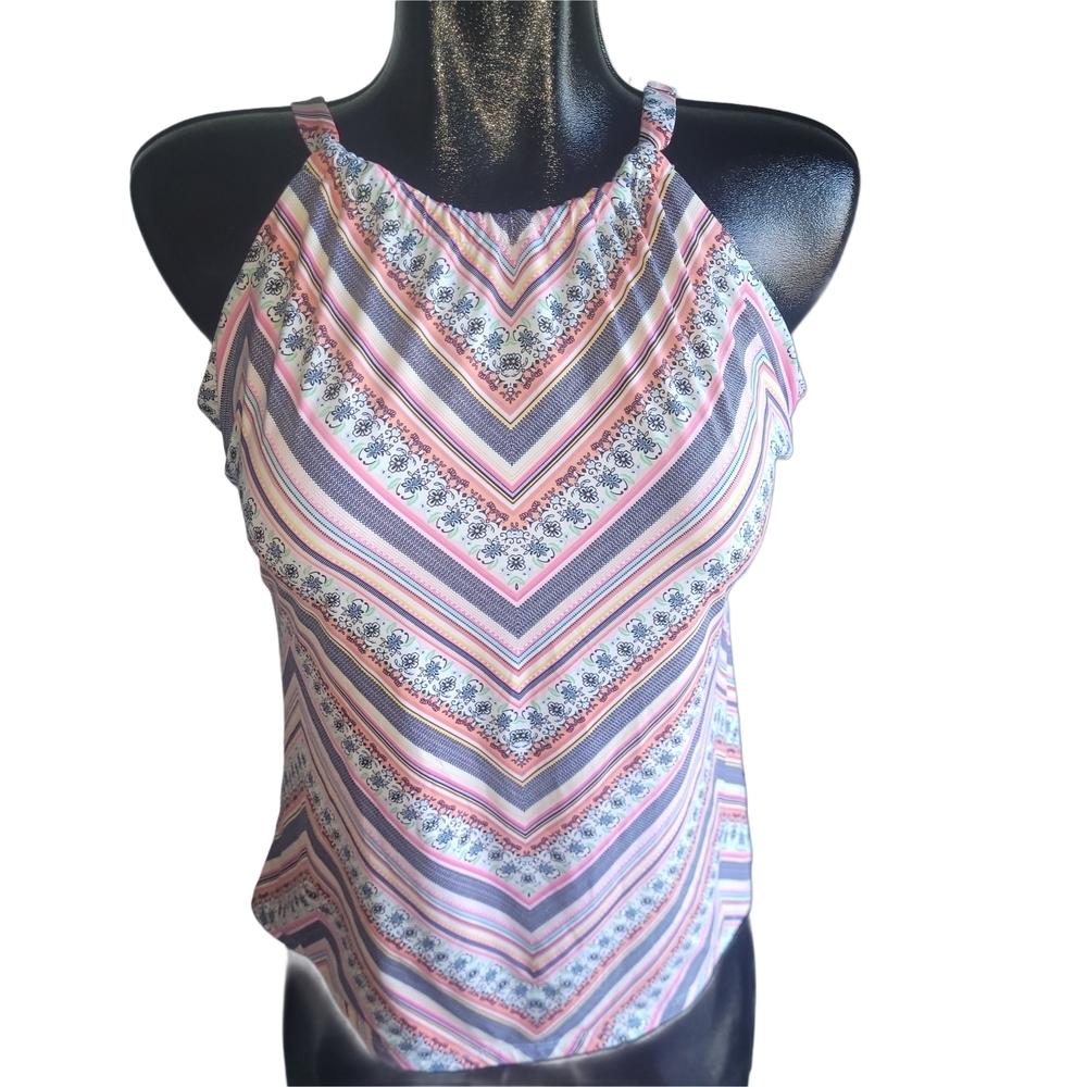 La Vie En Rose Aqua Striped Multicolor Halter Swim Top Size XL